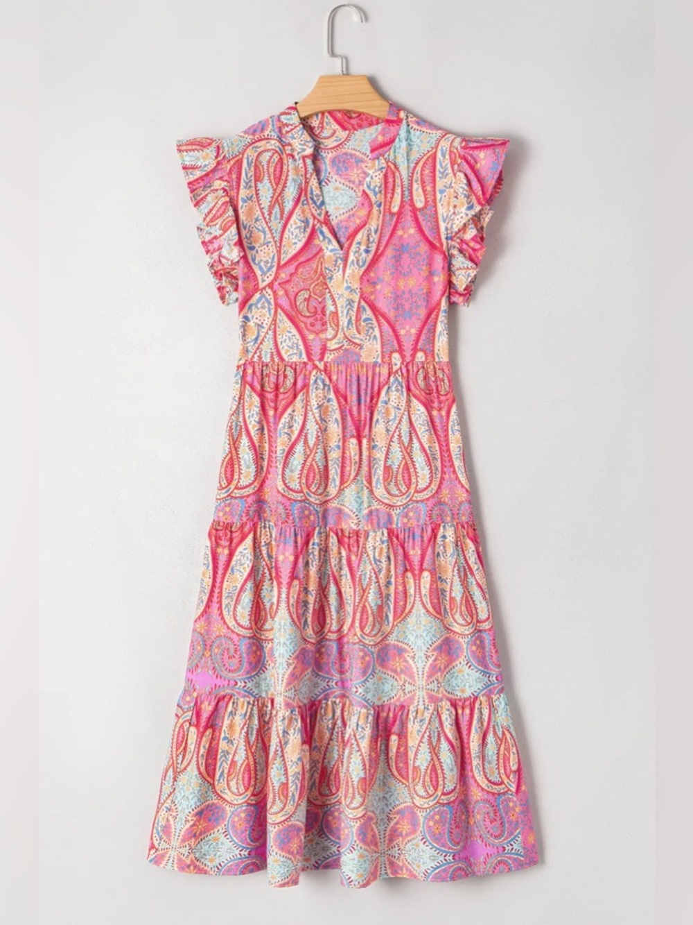 Tribal Paisley Print Ruffled Sleeve Notch Neck Midi Dress- Charming Charlie Med
